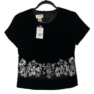 Talbots Womens Black Velvet Silk Blouse Top 6 Small  Rhinestones Evening Formal